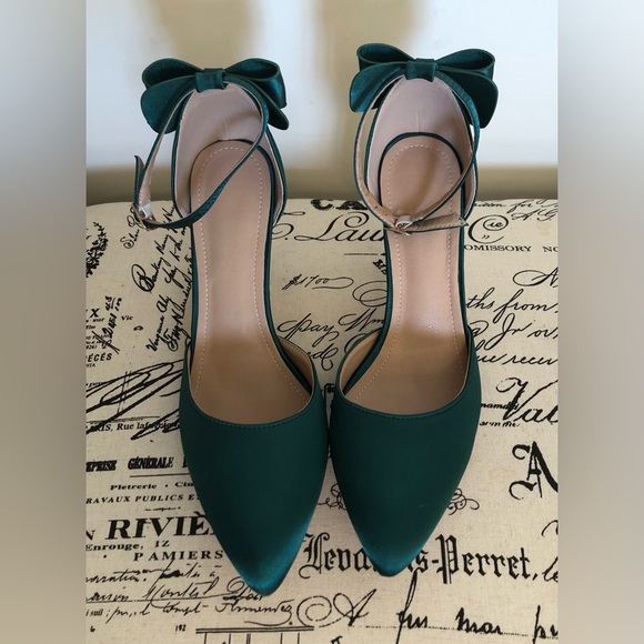 Shoes - Heels; D’Orsay; Satin; Ankle Bow Knot; Pointed Toe; Holiday Green; 3 3/4” Heel